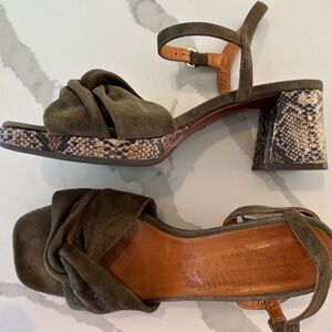 Chie Mihara -Olive / Snake Pattern Platform Sandals, 3" Heel